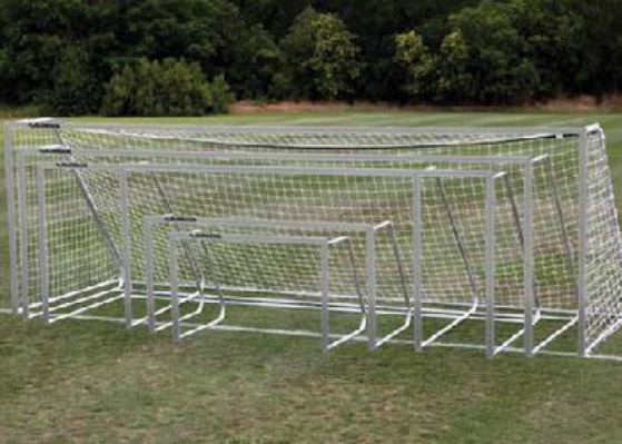 100% Aluminum Soccer Goal Frame with Natural Aluminum 3” Round Front Posts; Variety of Goal Sizes Available.