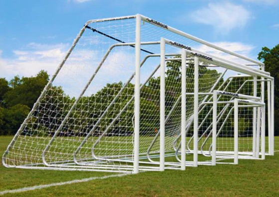 100% Aluminum Soccer Goal Frame with White Powder-Coated 3” Round Front Posts; Variety of Sizes Available.