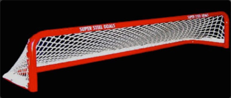 6’L x 8”H Steel Pond Hockey Goal Frame with 3 openings; 16” Rectangular Base Depth; Welded Lacing Bar for Attaching Net; Premium Red Powder-Coated Finish.