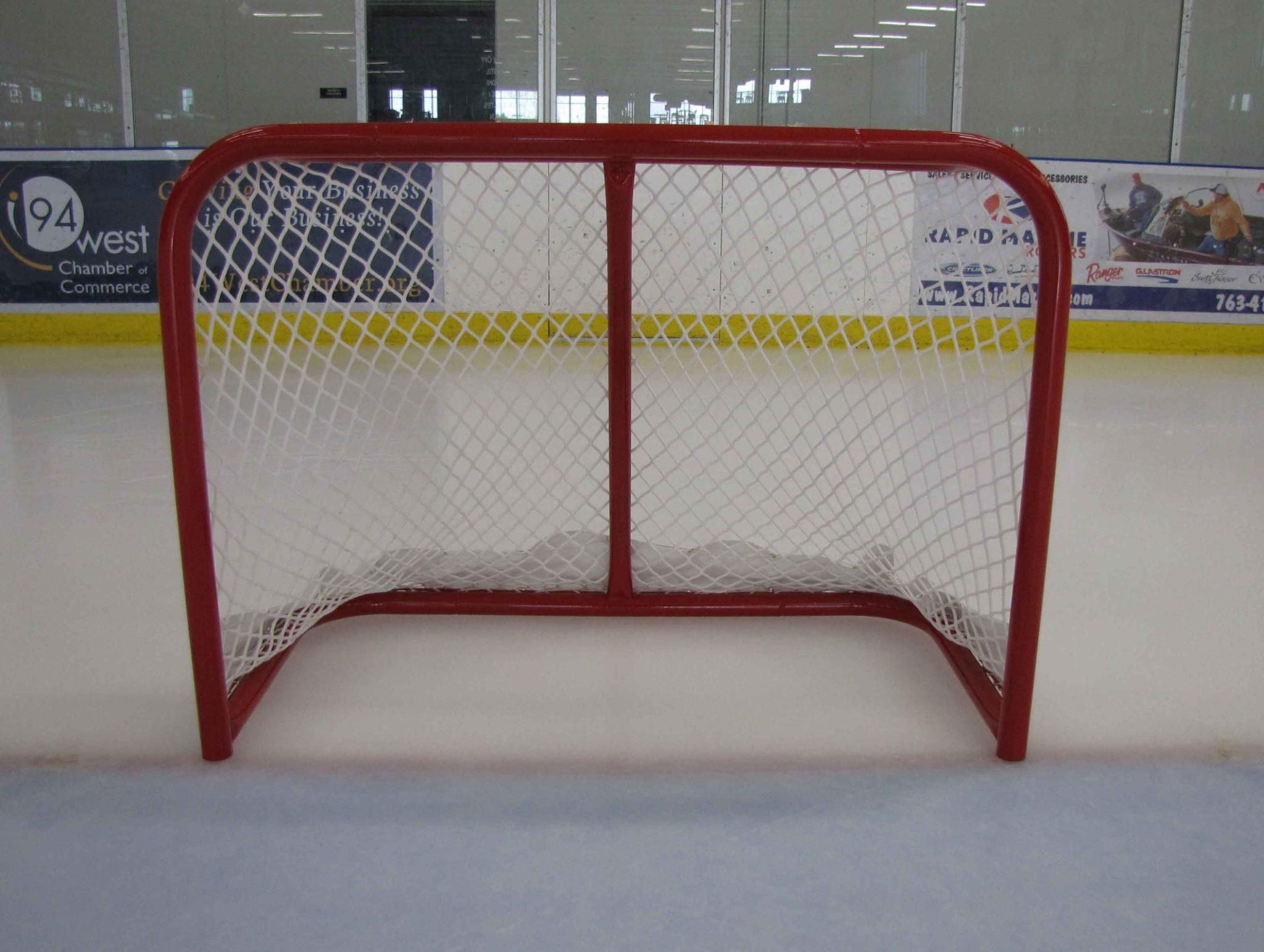 4' x 3' Cross-Ice Steel Hockey Goal Frame; 24” Rectangular Base Depth; Welded Lacing Bar for Attaching Net; Red Powder-Coated Finish; Age 8U Players.