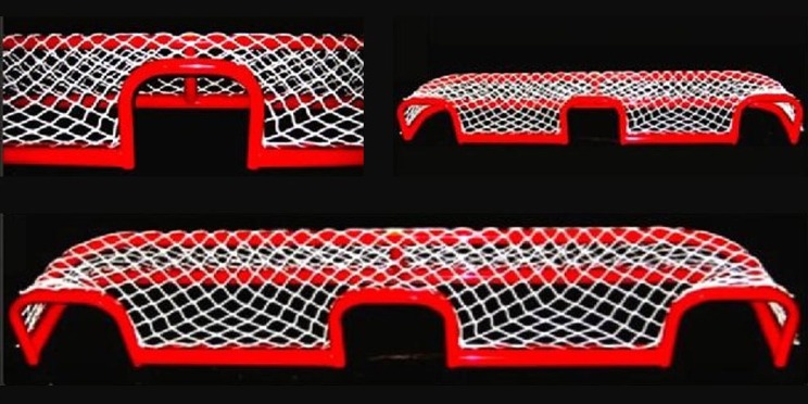 6’L x 9”H Steel Pond Hockey Goal Frame; 3 Shooting Holes; 13” Rectangular Base Depth; Welded Lacing Bar for Attaching Net; Premium Red Powder-Coated Finish.