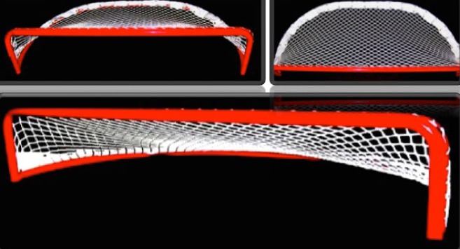 6’L x 12”H Steel Pond Hockey Goal Frame; 38” Rounded Base Depth and Welded Lacing Bar for Attaching Net; Premium Red Powder-Coated Finish.