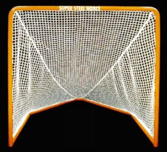 6’ x 6’ Steel Lacrosse Goal Front with 7’ Deep Obtuse Base and Rounded Mandrel Bend Upper Corners; Premium Orange Powder-Coated Finish.