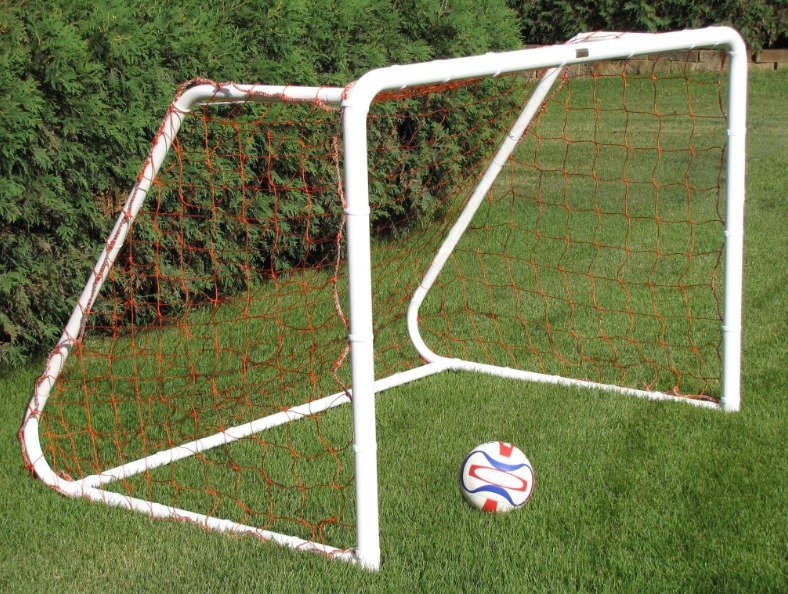 Heavy-Duty Steel Soccer Goal with Quality White Powder Coat Finish; 6' x 4' with 5' Base Depth and 2' Top Shelf Depth.