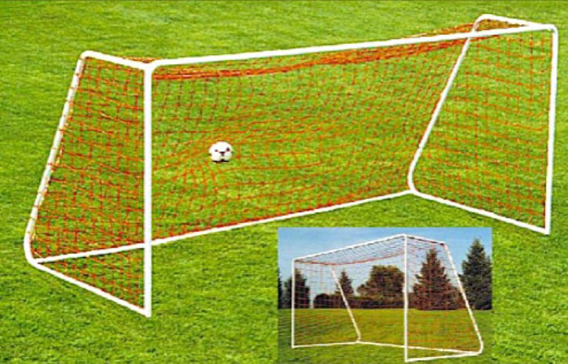 Heavy-Duty Steel Soccer Goal with Quality White Powder Coat Finish; 12.5' x 6.5' with 6' Base Depth and 2' Top Shelf Depth.