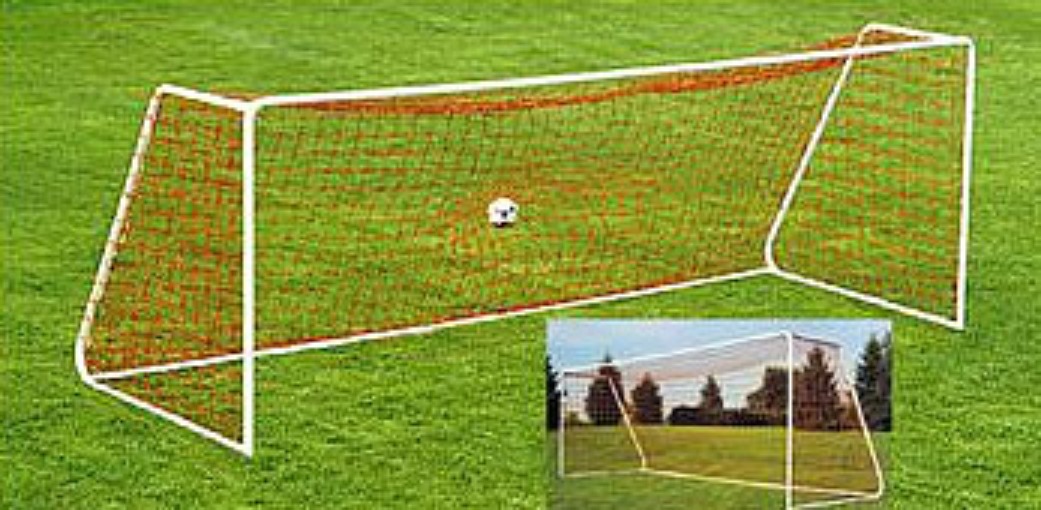 Heavy-Duty Steel Soccer Goal with Quality White Powder Coat Finish; 18' x 6.5' with 6' Base Depth and 2' Top Shelf Depth.