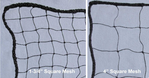 Medium-Impact Barrier Netting; 1-3/4" and 4” Mesh Panels; Full Rope Border; In-Stock Nets 10', 12', and 14' High, and Up to 100' Long; Weather Resistant.