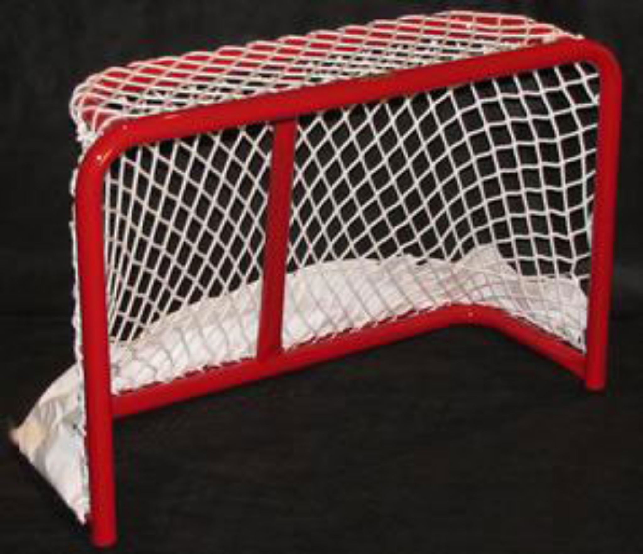 3’ x 2’ Steel Hockey Goal Frame; 20” Rectangular Base Depth; Welded Lacing Bar for Attaching Net; Red Powder-Coated Finish; Age 6U Players, No Goalie.